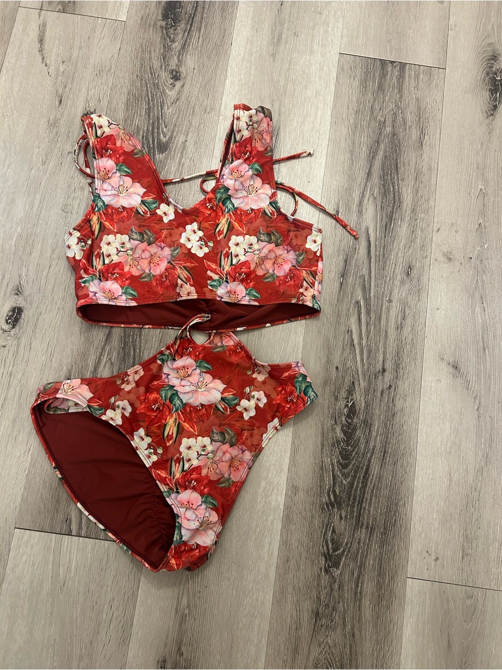 Red Floral One-Piece Swimsuit with Cutout and Supportive Top